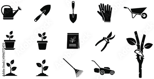 Gardening tools icon set: black silhouettes of garden tools and plants icons for lawn care.