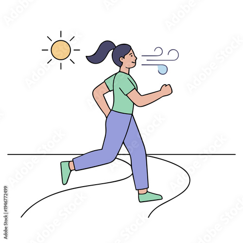 A woman runs on a sunny day with sweating and wind blowing on her face.