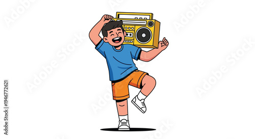 A cheerful cartoon man dancing while holding a yellow boombox on a plain white background with a playful mood.