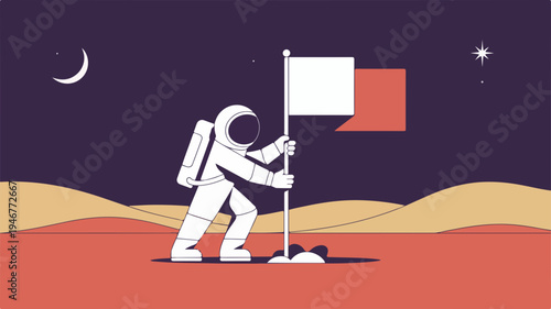 Astronaut planting flag on mars surface at night with crescent moon and stars space exploration concept