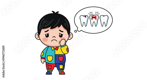 A cartoon boy with a worried expression and a thought bubble showing a tooth with a red 'X' on it, against a clean white background.