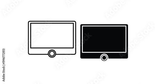 Line drawing of two computer monitors with one blank and the other filled with a dark color on a white background.