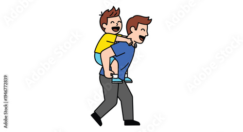 A cartoon illustration of a man carrying a child on his back in a playful, colorful style against a clean white background.