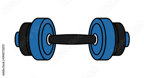 A blue and black cartoon dumbbell on a white backdrop, fitness and exercise concept