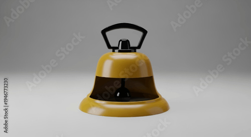 A rendered golden bell with a sleek black handle against a simple gray backdrop
