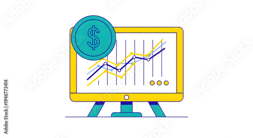 A computer monitor displaying a line graph with a coin isolated on transparent background