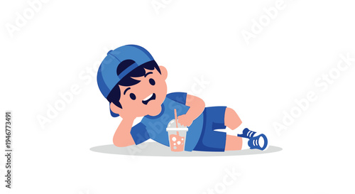 A cheerful cartoon boy in blue clothing lies on his side, smiling and holding a drink with a straw against a plain white background.