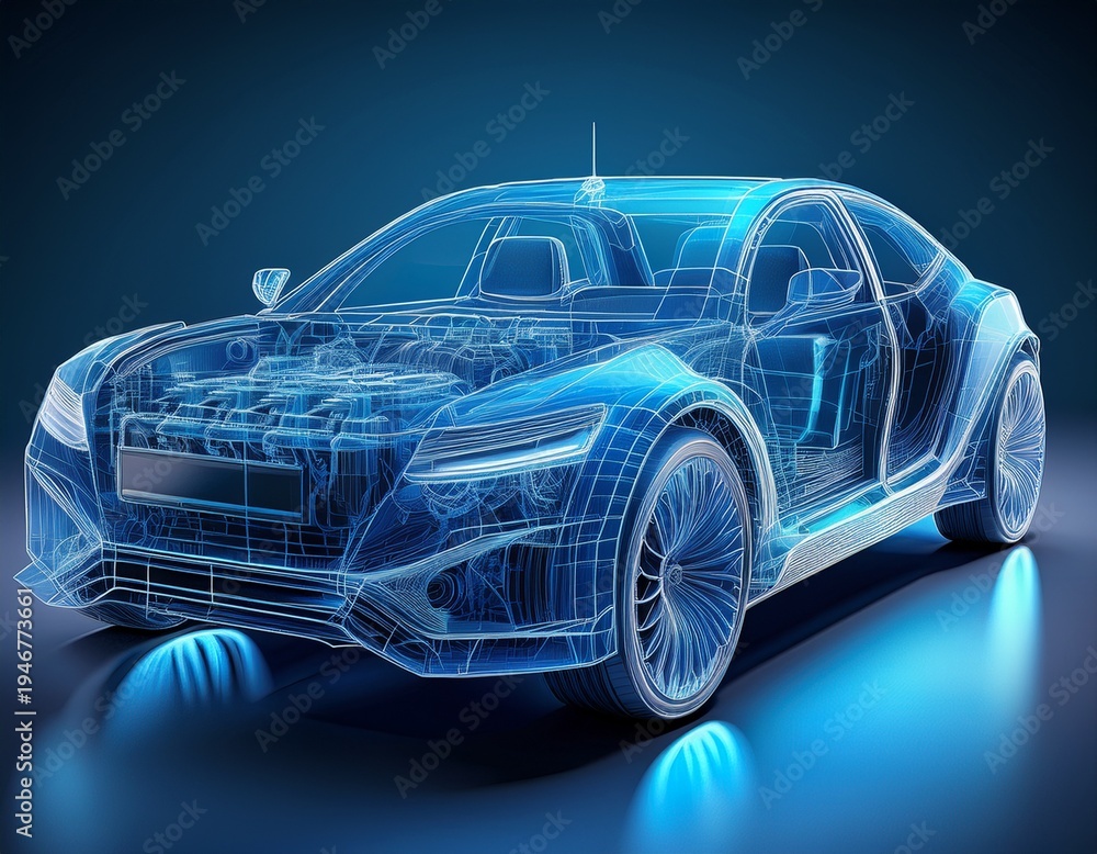 Naklejka premium blue car wire frame blueprint with transparent engine and beautiful headlights