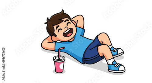 Cartoon boy lying on the ground with a drink in a relaxed pose against a clean white background.