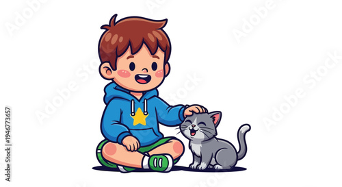 A cheerful young boy sitting cross-legged and petting a gray cat on a plain white background with a warm and friendly mood.