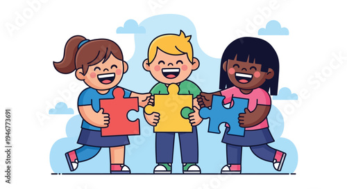 Three diverse children holding puzzle pieces in a colorful cartoon illustration with a light blue background and playful mood.