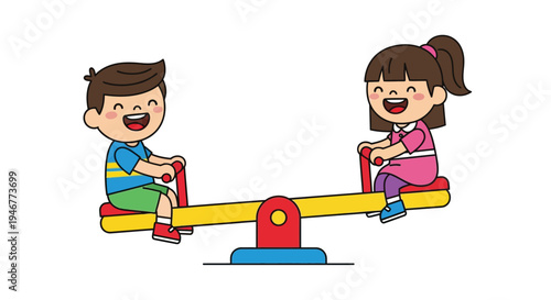 Cartoon illustration of a smiling boy and girl playing on a colorful seesaw against a clean white background with a cheerful mood.