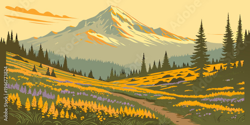 USA, US, U.S, United States - Mount Rainier National Park Wildflower Meadow Sunrise Panorama | Majestic Volcano Landscape Scenic Nature Wall Art Poster | Washington USA Mountain Print