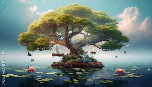 stylized tree island with lily pads and serene water for relaxation and nature