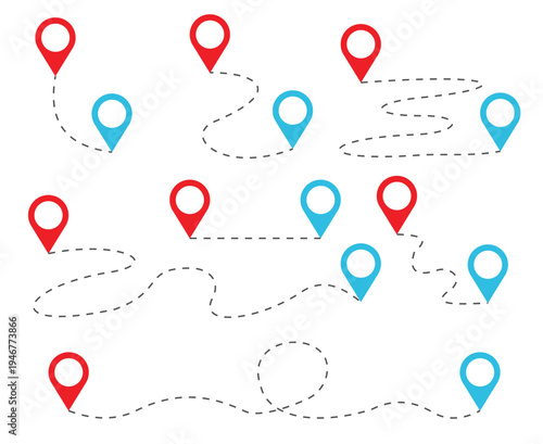 A map illustration with red and blue location markers and dotted lines