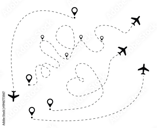 Airplane flight paths and destinations illustrated
