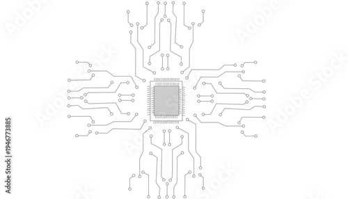 Intricate circuit board design with a central microchip and radiating pathways
