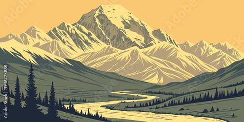 USA, US, U.S, United States - Denali National Park Massive Snowy Mountain Sunrise Panorama | Majestic Alaskan Wilderness Landscape Wall Art Poster | USA Scenic Nature Print