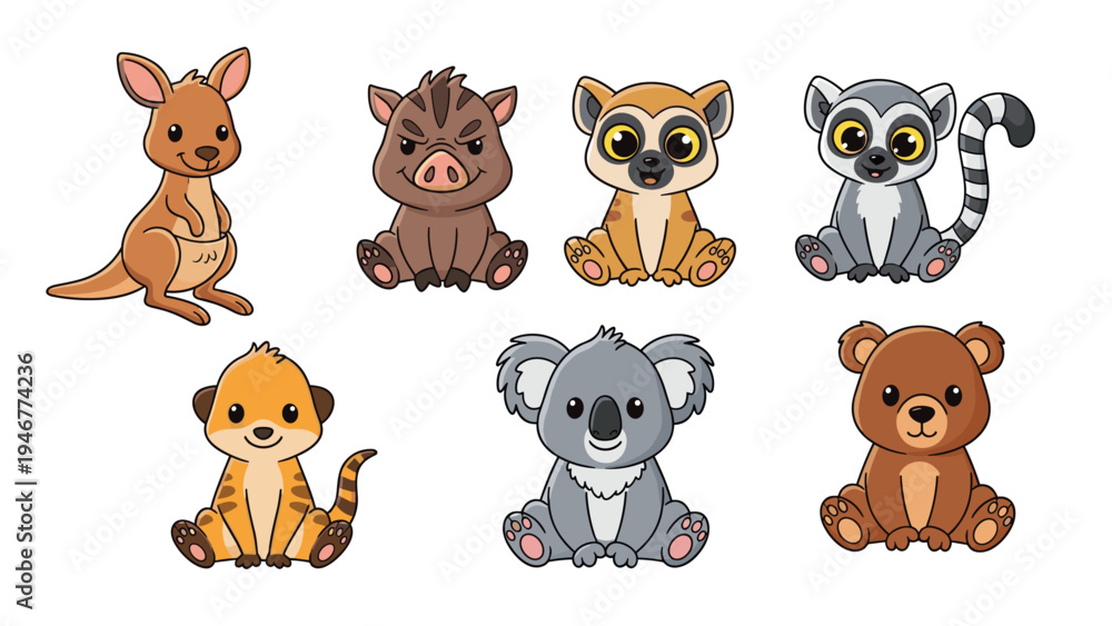 Fototapeta premium Assortment of cute baby animals includes a kangaroo wild boar lemur meerkat koala and brown bear sitting in a row on a white floor.