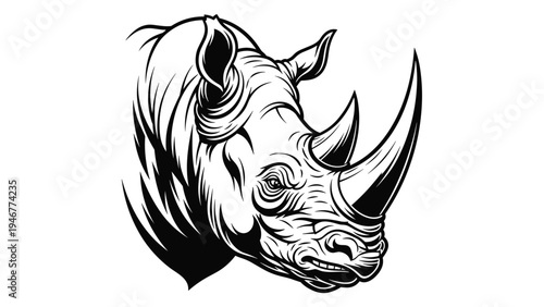 Detailed black and white illustration of a rhinoceros head showing its strong horn and textured skin with a powerful side profile view.