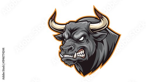 Aggressive black bull head mascot with sharp horns and glowing white eyes features a fierce expression and detailed grey shading.