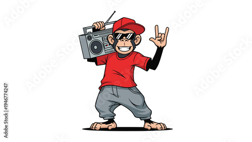 Chimpanzee dressed in urban streetwear with a red t-shirt and cap carries a vintage boombox while making a rock hand sign on white.