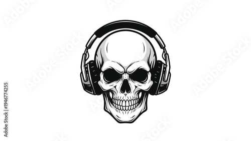 Human skull wearing large professional headphones over its ears represents music production or a rock band theme on a white background.