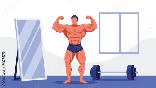 Strong bodybuilder flexes his massive arms and legs in front of a mirror and a barbell in a minimalist fitness center or gym setting.