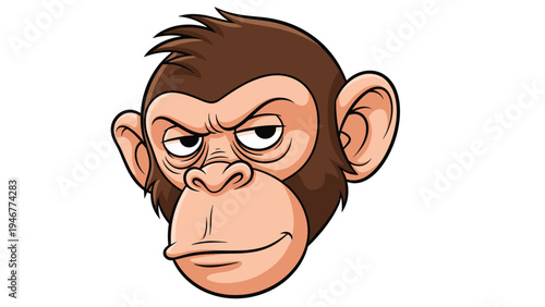 Grumpy chimpanzee face illustration shows a monkey with a skeptical and annoyed expression looking towards the side on white background.