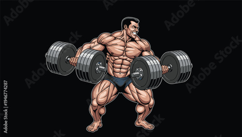 Incredibly muscular bodybuilder with massive definition performs heavy lateral raises with two large dumbbells on a solid black backdrop.