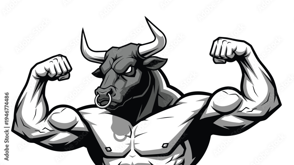custom made wallpaper toronto digitalPowerful muscular minotaur character with a bull head and human body flexing his biceps in a black and white illustration.