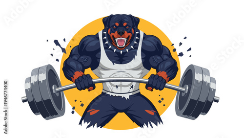Powerful rottweiler bodybuilder wearing a spiked collar and white tank top lifts a heavy barbell while flexing its massive muscles against yellow.