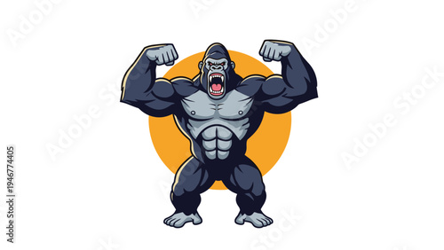 Intense gorilla bodybuilder flexes his massive arms and chest muscles with a fierce roar against a bright yellow circular background shape.