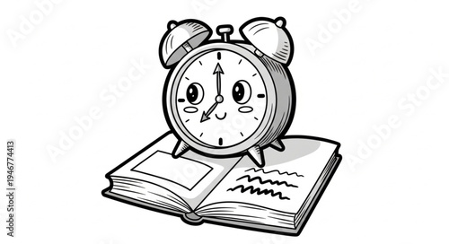 Cute cartoon alarm clock sitting on an open book illustration.