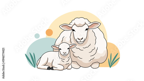 Mother sheep and her small lamb lie together in a peaceful outdoor setting with soft colorful shapes and green grass in this sweet family scene.