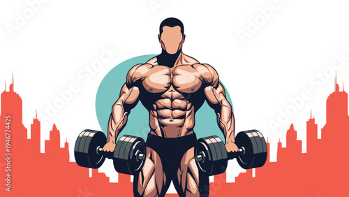 Faceless bodybuilder holds heavy dumbbells with a city skyline in the background to represent urban fitness and the strength of the modern athlete.