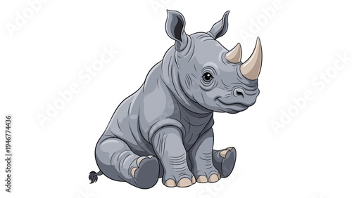 Small baby rhinoceros sits curiously with its large ears and thick skin in a cute character illustration that highlights endangered wildlife.