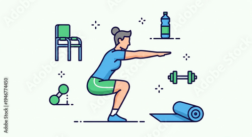 Woman performing a squat exercise with fitness equipment.