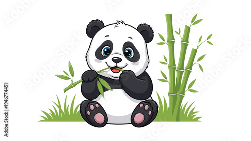 Cute cartoon giant panda bear sitting on green grass eating a bamboo stalk with bamboo trees in the background on white.