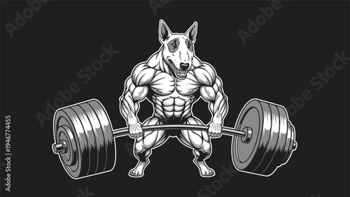 Muscular white bull terrier bodybuilder lifts a massive heavy barbell in a grayscale illustration that shows extreme physical power and grit.