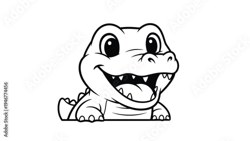 Happy cartoon crocodile peeking over a white background with a friendly smile and sharp teeth in black and white line art.