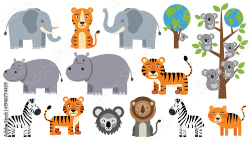 Large collection of diverse cartoon safari and jungle animals including elephants, tigers, hippos, zebras, lions, and koalas on white.