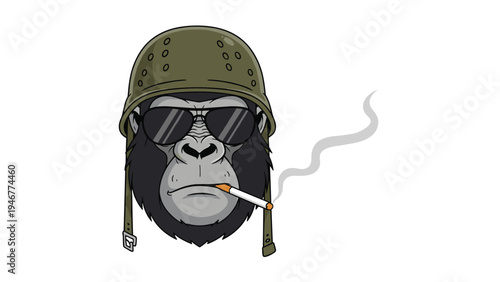 Tough gorilla head wearing a green military helmet and dark aviator sunglasses smoking a cigarette in a pixel art style.