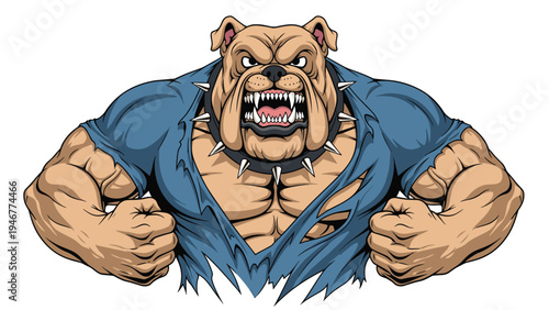 Mean muscular bulldog character tearing through a blue shirt with a spiked collar and clenched fists in a mascot style.