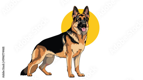 Strong German Shepherd dog standing proudly in profile against a yellow circular background in a detailed vector illustration.