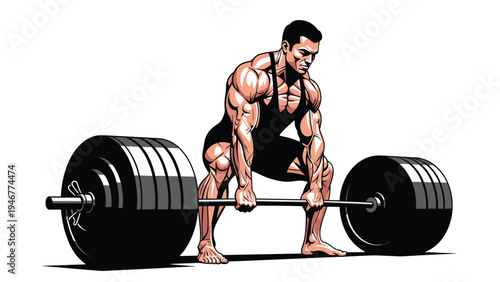 Muscular man performing a heavy barbell deadlift exercise with high intensity in a black and white stylized illustration.