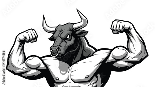 Powerful muscular minotaur character with a bull head and human body flexing his biceps in a black and white illustration.