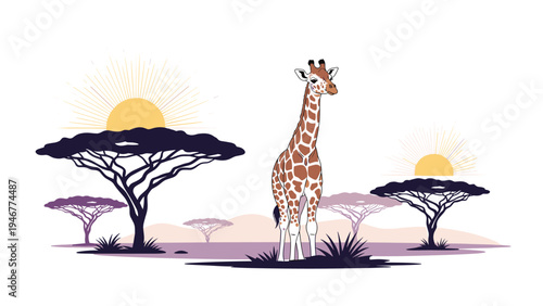 Giraffe standing in an African savanna landscape with acacia trees and two suns or moons in a minimalist purple style.
