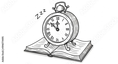 Vintage alarm clock resting on an open book with zzz symbols.