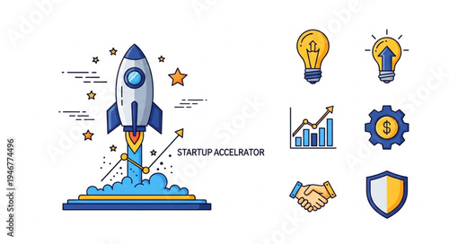 Rocket Launching Startup Accelerator Concept with Business Icons.